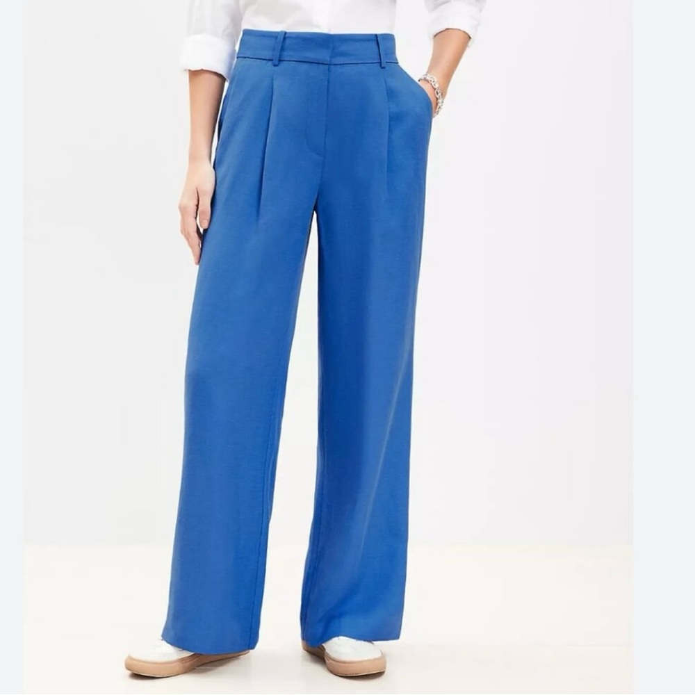 LOFT Peyton Trouser NWT. Blue Wide-Leg Linen-Blend. Women’s Pants.